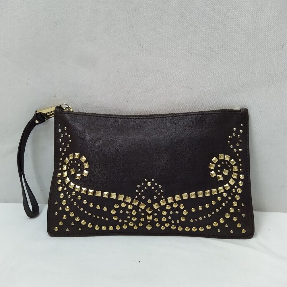 Michael Kors Brown Leather Studded Zipper Closure Credit Card Large Wallet